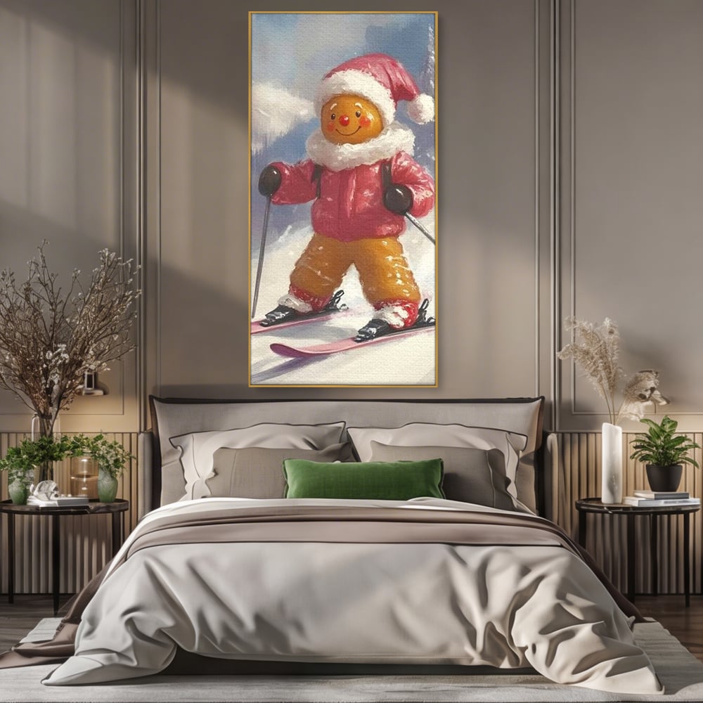 Tablou canvas cu turtita dulce schioare, in rama de aluminiu auriu, pe perete intr-un dormitor